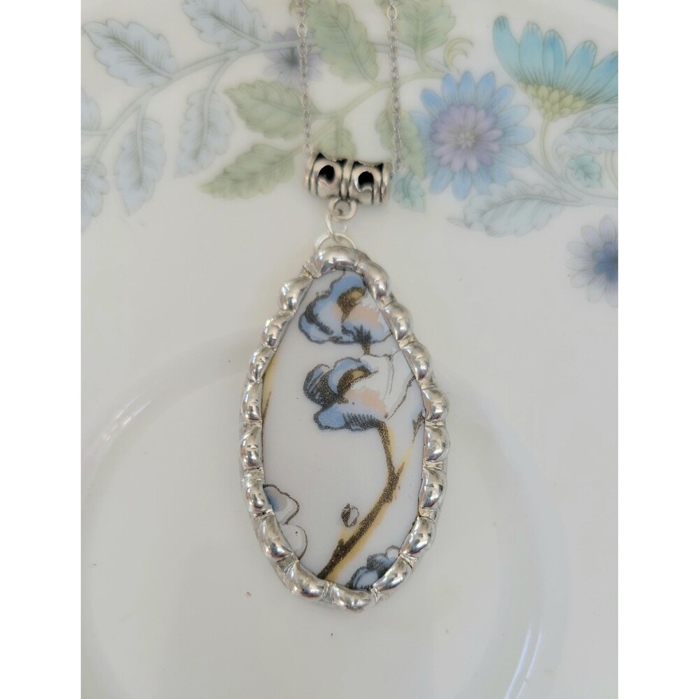 Broken China Blue & White Dogwood  Soldered Pendant Necklace